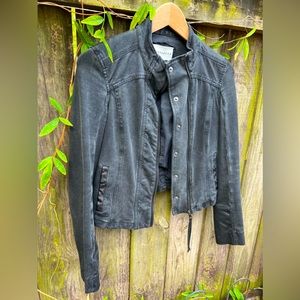 Marrakech Cropped Moto Jacket in Pale Black Denim